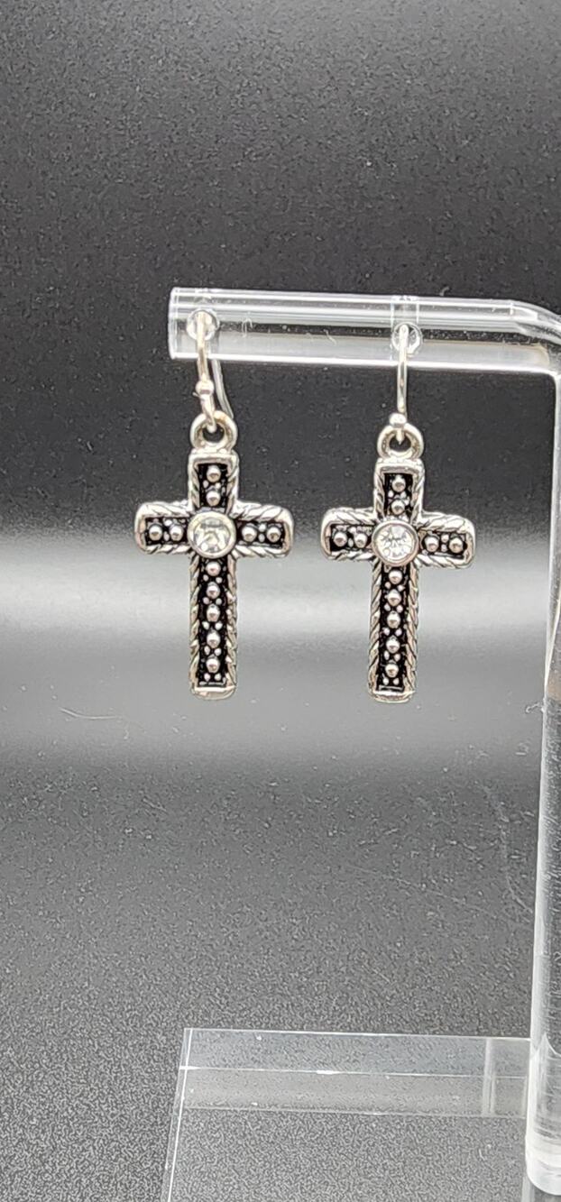 Western Cross Dangle Earrings Silver Tone Rhinestone Leverback Lightweight 1"